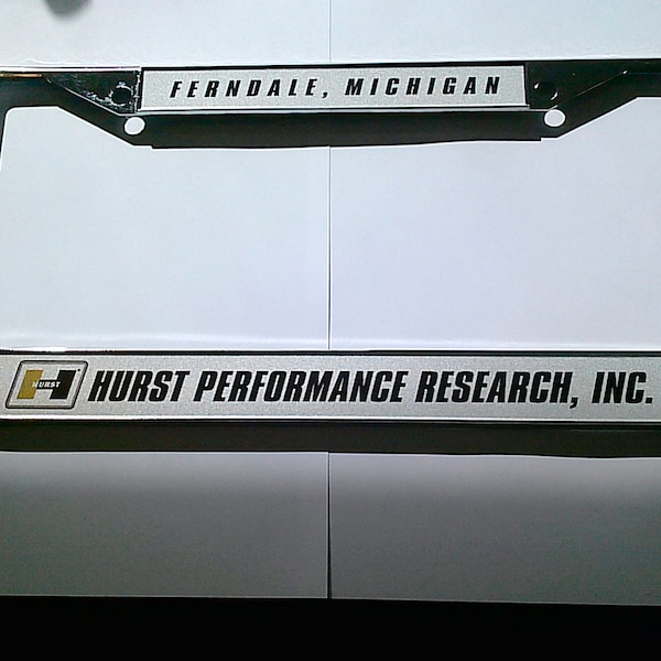 Hurst Performance Research License Plate frame - Floor Shift Shifter mag wheels Gasser Drag Hurst/Olds W-30 GTO Judge Mopar Camaro Mustang