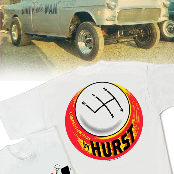 Hurst Competition Plus Floor Shift White T-Shirt - HS #046 Shifter Gasser Camaro Mopar GTO SS Amx Mustang Rat Hot Rod