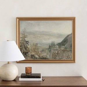 Vintage Alpine Vista Artwork | Wood Framed Canvas | Muted Mountain Landscape Painting | Neutral Watercolor Wall Art | Gold Frame | N73