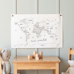 World Map | Canvas Flag | Homeschool Decor | World Map Wall Art | Classroom Decor | Educational Banner | Wall Hanging | Kids Room Decor