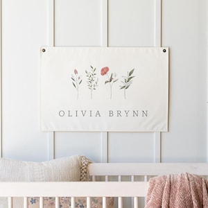 Girl Name Canvas Flag | Personalized Name Sign | Girl Name With Wildflowers | Nursery Decor | Kids Room Decor | Olivia Brynn