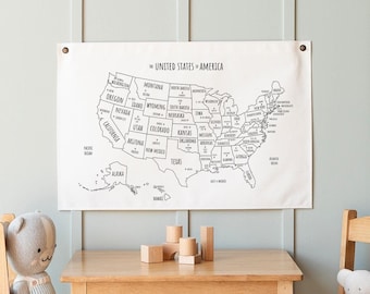 United States Map Wall Art | Educational Canvas Hanging | Kids Room & Playroom Decor