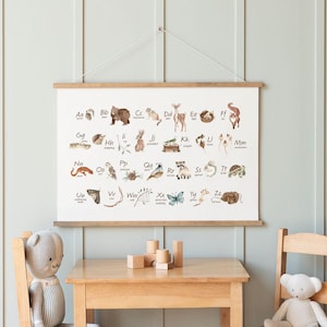 Cuadro con el alfabeto del bosque / Lienzo para colgar / Decoración de pared para la educación en el hogar / Decoración del aula / Decoración de la sala de juegos / Decoración educativa / Arte para niños