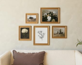 Framed Vintage Art Gallery Wall | Botanical Floral and Landscape Paintings | Vintage Art Collage for Living Room or Bedroom Decor | G1