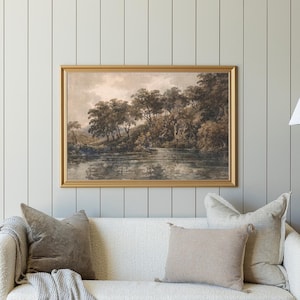 Vintage Trees and Water Painting | Wood Framed Canvas | Modern Traditional Style Wall Decor | Landscape Art Painting | Gold Framed | N53