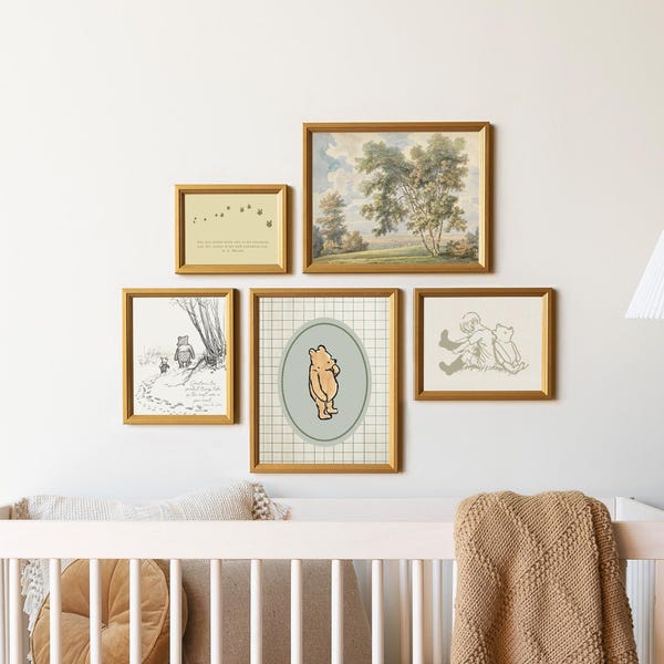 Winnie the Pooh Wall Art | Neutral Nursery Gallery Set | Vintage Framed Storybook Prints | G26