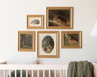 Woodland Animal Nursery Art | Gold Framed Nature Gallery Wall | Vintage Wildlife Prints | Baby Room Decor | Kids Room Wall Art Set | G21