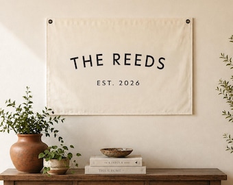Custom Family Last Name Sign | Personalized Canvas Banner with Established Date | Modern Rustic Wall Art | Housewarming Gift | 79