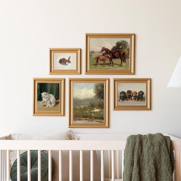 Animal Gallery Wall Art Collage | Framed or Unframed Nursery Decor | Animal Paintings for Kids | Horse, Rabbit, Kitten, Puppies & Ducks | G3