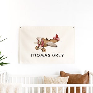 Airplane Nursery | Personalized Boy Name Flag | Canvas Art | Kids Room Decor | Custom Name Sign | Nursery Decor