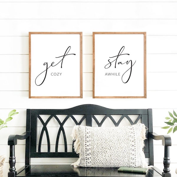 Get cozy, stay awhile signs | guest room wall decor | guest bedroom sign | farmhouse wall decor | farmhouse guest room