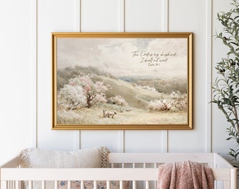 The Lord Is My Shepherd | Nursery Landscape Painting | Wood Framed Canvas | Bible Verse Wall Decor | Vintage Sheep Artwork | N119