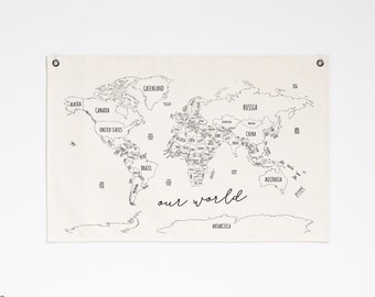 World Map | Canvas Flag | Homeschool Decor | World Map Wall Art | Classroom Decor | Educational Banner | Wall Hanging | Kids Room Decor