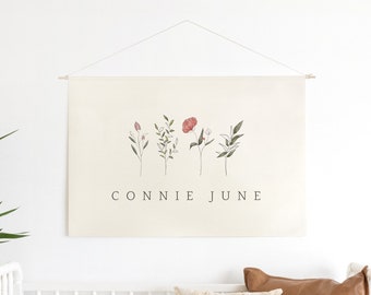 Girl Name Sign With Wildflowers | Dowel Rod Canvas | Nursery Wall Art | Personalized Nursery Decor | Kids Room Decor | Connie June