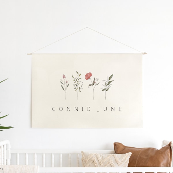 Prénom féminin avec fleurs sauvages | Toile pour tige de goujon | Art mural pour chambre d'enfant | Décoration de chambre d'enfant personnalisée | Décoration de chambre d'enfants | Connie June