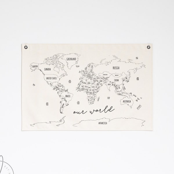 World Map | Canvas Flag | Homeschool Decor | World Map Wall Art | Classroom Decor | Educational Banner | Wall Hanging | Kids Room Decor