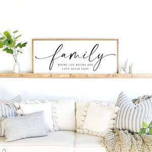 Family where life begins and love never ends sign | home decor sign | home sign | family room sign | wood signs | farmhouse wall decor