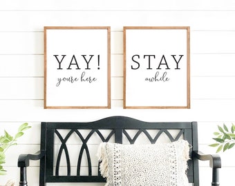 Yay you're here, stay awhile signs | guest room wall decor |  wood signs | signs for guest room | guest bedroom decor