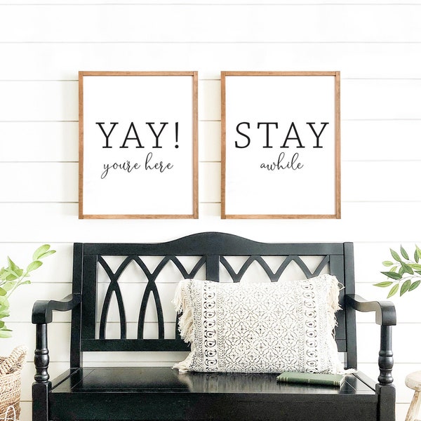 Yay you're here, stay awhile signs | guest room wall decor |  wood signs | signs for guest room | guest bedroom decor