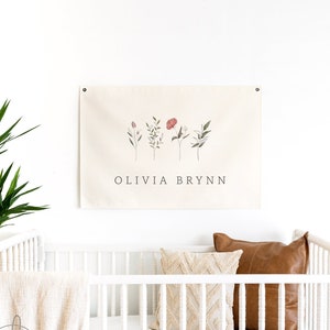 Girl Name Canvas Flag | Personalized Name Sign | Girl Name With Wildflowers | Nursery Decor | Kids Room Decor | Olivia Brynn