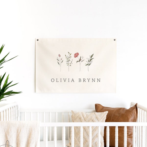 Girl Name Canvas Flag | Personalized Name Sign | Girl Name With Wildflowers | Nursery Decor | Kids Room Decor | Olivia Brynn