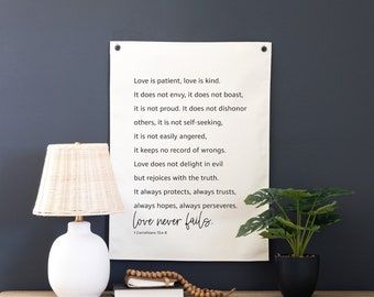Love Never Fails | 1 Corinthians 13:4-8 | Wall Hanging | Christian Art | Bedroom Wall Decor | Wall Art Canvas