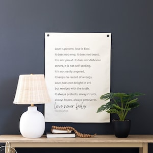 Love Never Fails | 1 Corinthians 13:4-8 | Wall Hanging | Christian Art | Bedroom Wall Decor | Wall Art Canvas