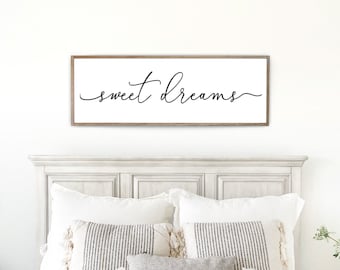 Farmhouse Sweet Dreams Bedroom Wall Sign | Above Bed Decor | Guest Room Decoration | Rustic Wood Frame | Modern Farmhouse Bedroom Art | D1