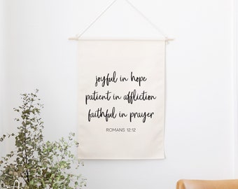 Joyful In Hope | Canvas Dowel Rod | Bible Verse Wall Art | Christian Wall Decor | Living Room Decor | Romans 12:12 | Farmhouse Decor