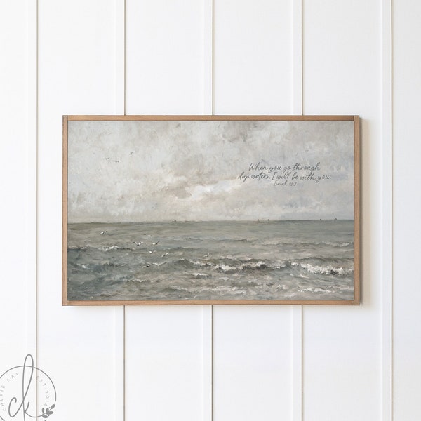 When You Go Through Deep Waters, I Will Be With You | Framed Wall Art | Vintage Ocean Painting | Isaiah 43:2 | Christian Home Decor | W118