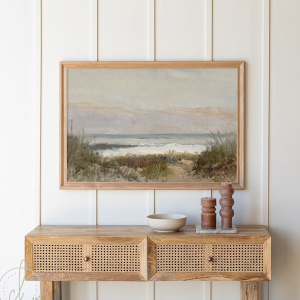 Vintage Coastal Painting | Wood Framed Canvas | Lake House Wall Art | Beach Wall Decor | Vintage Ocean Landscape Art | N67