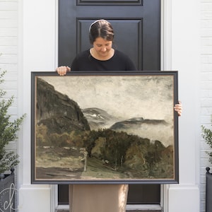 Mountain Landscape Painting | Large Framed Landscape Art | Vintage Mountain Wall Decor | Entryway & Living Room Wall Art | N91