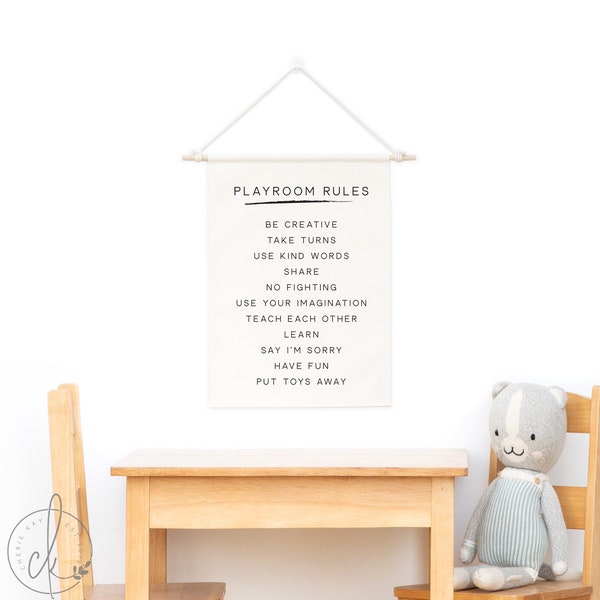 Playroom Rules | Canvas Dowel Rod | Playroom Wall Art | Kids Room Wall Decor | Art For Kids | Fabric Wall Hanging