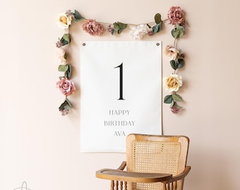 Custom Happy Birthday Canvas Banner | Personalized Age and Name Sign | First Birthday Party Decor | Milestone Celebration Backdrop | 63