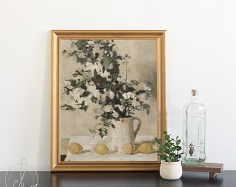 Cuadro de limón vintage / Lienzo con marco de madera / Arte botánico para la pared de la cocina / Decoración para la pared del comedor / Obra de arte frutal / Marco dorado / N81