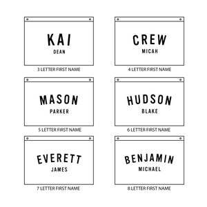 May include: Black and white graphic design of eight different name banners with the number of letters in the name printed below each banner. The names are Kai, Crew, Mason, Hudson, Everett, Benjamin, and the last two banners are blank.