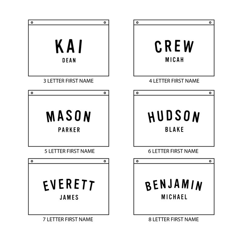 May include: Black and white graphic design of eight different name banners with the number of letters in the name printed below each banner. The names are Kai, Crew, Mason, Hudson, Everett, Benjamin, and the last two banners are blank.