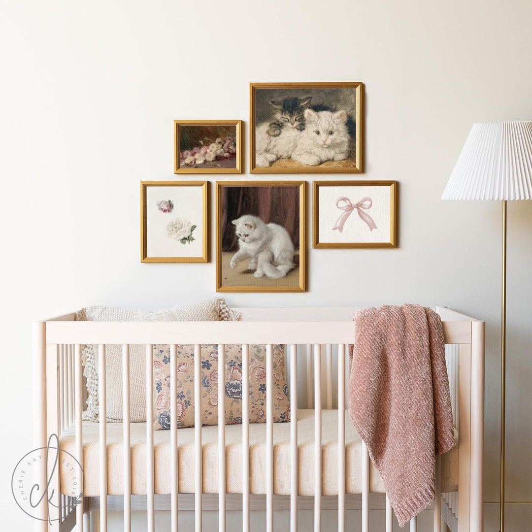 Vintage Nursery Gallery Wall Art | Girl Room Decor | Pink Bow, Kitten ...