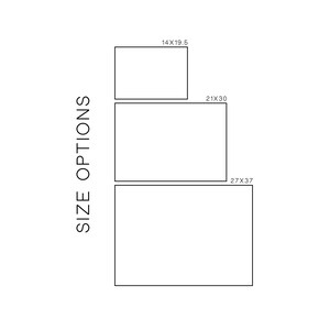 Size options chart showing three canvas wall hanging sizes: 14x19.5, 21x30, and 27x37 inches.