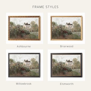 May include: Four framed landscape art prints with various frame styles: Ashbourne (gold), Briarwood (light gold), Willowbrook (black), and Elmsworth (dark black). Each print depicts a house amidst trees and flowers, with the text "FRAME STYLES" above.