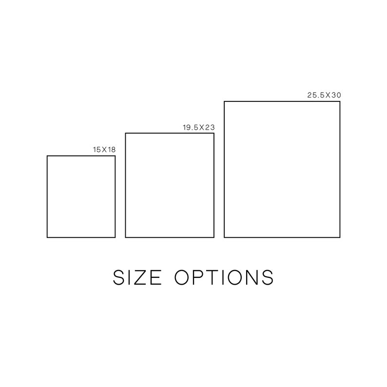 May include: A diagram showing three different sizes of rectangular frames. The sizes are 15 x 18 inches, 19.5 x 23 inches, and 25.5 x 30 inches. The text "SIZE OPTIONS" is below the frames.