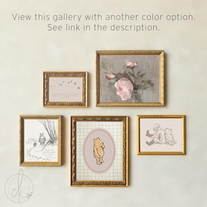 May include: A collection of framed art prints displayed on a wall. The prints include illustrations of Winnie the Pooh, floral art, and inspirational quotes. The frames are gold with decorative detailing. The image text reads, "View this gallery with another colour option. See link in the description."