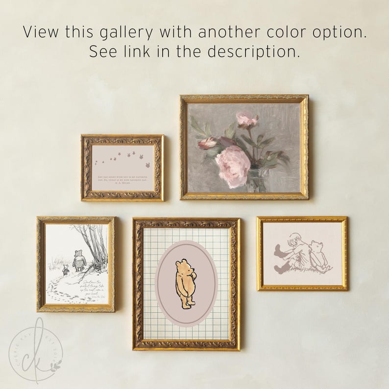 May include: A collection of framed art prints displayed on a wall. The prints include illustrations of Winnie the Pooh, floral art, and inspirational quotes. The frames are gold with decorative detailing. The image text reads, "View this gallery with another colour option. See link in the description."