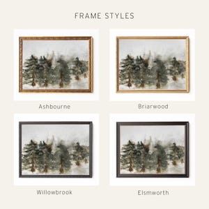 May include: Four framed landscape art prints showcasing different frame styles: Ashbourne, Briarwood, Willowbrook, and Elmsworth. Each print features a watercolor painting of evergreen trees in a misty forest. The frames vary in color and design, including gold, black, and ornate details.