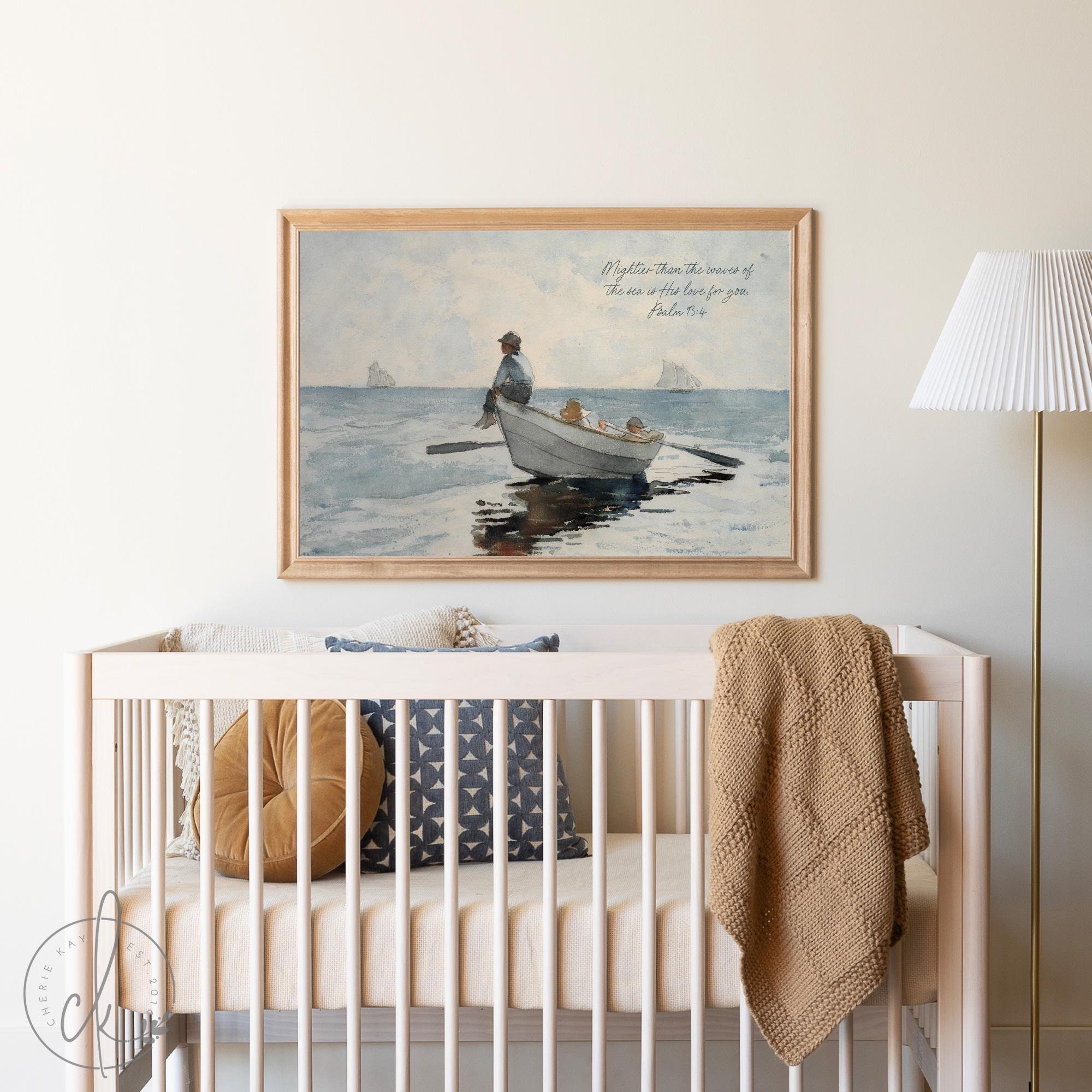 Coastal Nursery Wall Art with Bible Verse | Mightier Than the Waves | Ocean-Themed Decor | Framed Scripture Art for Kids Room | N210