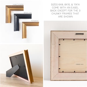 Back of a gold wood frame on a wood surface showing the built-in easel stand, with text noting 6x8, 8x10, and 11x14 sizes include an easel.
