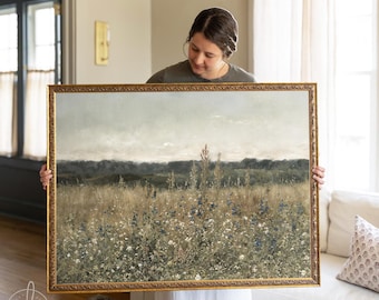 Large Framed Botanical Wall Art | Vintage Landscape Painting | Vintage Wildflower Oil Painting | Living Room Wall Decor | Floral Art | N117
