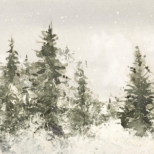 May include: A watercolor painting depicting a winter forest scene with dark green pine trees set against a light gray, snowy background. The artwork features loose, expressive brushstrokes and white splatters representing falling snow.