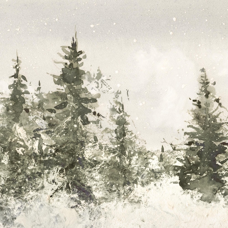 May include: A watercolor painting depicting a winter forest scene with dark green pine trees set against a light gray, snowy background. The artwork features loose, expressive brushstrokes and white splatters representing falling snow.