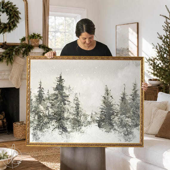 Winter Landscape Painting | Neutral Christmas Wall Decor | Framed Snowy Forest Art | N103